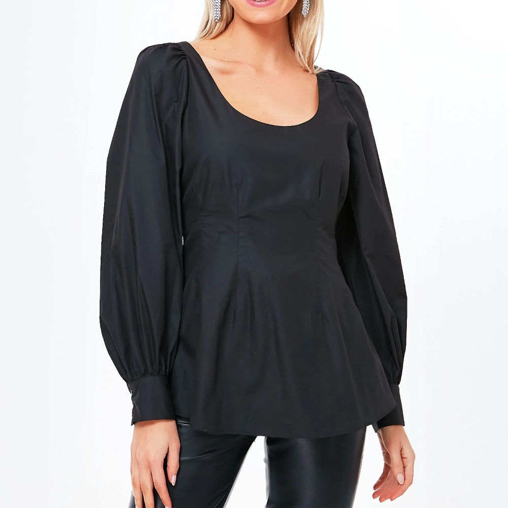 Pomander Place Black Scoop-Neck Puff-Sleeve Peplum Blouse
